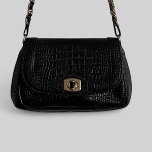 Ann Taylor Black Leather Croc-Embossed Gold Chain Shoulder Bag